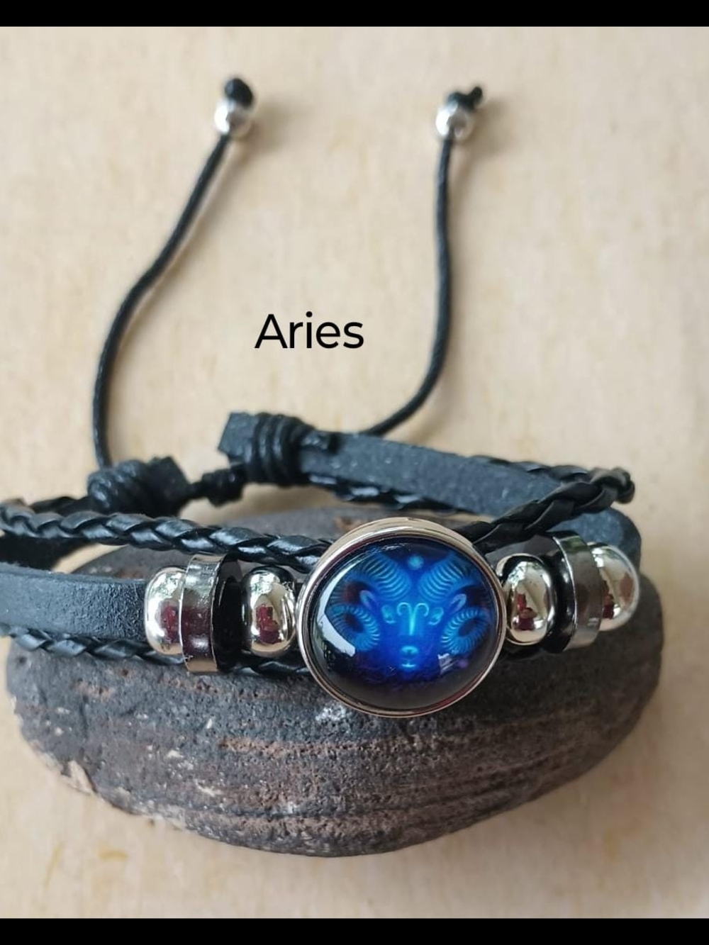 UNISEX Aries Zodiac Leather Wrap Bracelet with Blue Resin Charm
